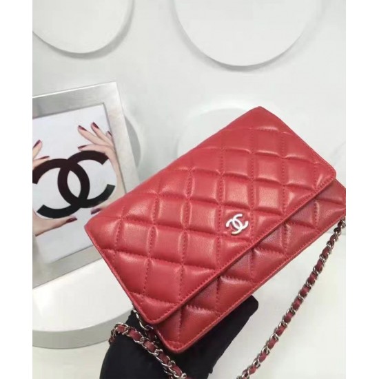 Fashion Red Quilted Leather Rhombus Pattern Women's WOC Wallet - Faux Chanel Medium Silver CC Logo Signature Chain Bag