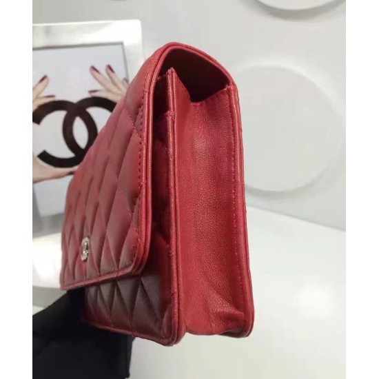 Fashion Red Quilted Leather Rhombus Pattern Women's WOC Wallet - Faux Chanel Medium Silver CC Logo Signature Chain Bag