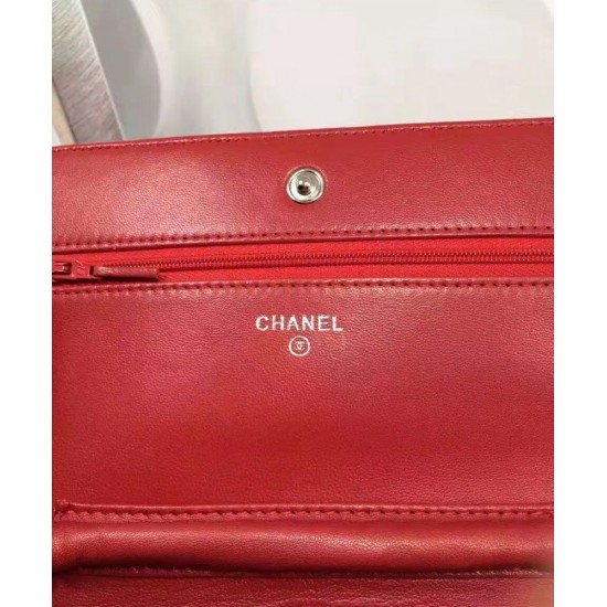 Fashion Red Quilted Leather Rhombus Pattern Women's WOC Wallet - Faux Chanel Medium Silver CC Logo Signature Chain Bag