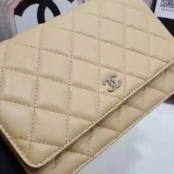 High Quality Silver CC Logo Signature Chain Shoulder Strap Bisque Yellow Quilted Leather WOC Wallet - Chanel Medium Flap Bag