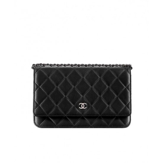 Hot Selling Black Quilted Leather Silver CC Logo Snap Button WOC Chian Wallet - Fake Chanel Classic Women's Flap Handbag AP0250 Y01480 C3906