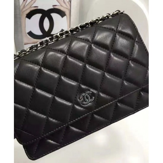 Hot Selling Black Quilted Leather Silver CC Logo Snap Button WOC Chian Wallet - Fake Chanel Classic Women's Flap Handbag AP0250 Y01480 C3906