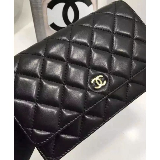 Hot Selling Black Quilted Leather Silver CC Logo Snap Button WOC Chian Wallet - Fake Chanel Classic Women's Flap Handbag AP0250 Y01480 C3906