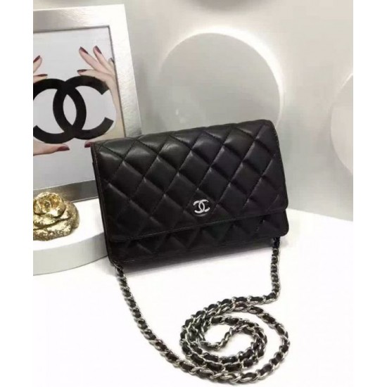 Hot Selling Black Quilted Leather Silver CC Logo Snap Button WOC Chian Wallet - Fake Chanel Classic Women's Flap Handbag AP0250 Y01480 C3906