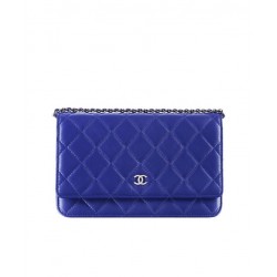 High End Blue Quilted Leather Silver CC Logo Signature Chain WOC Wallet - Replica Chanel Sewing Line Style Female Crossbody Bag