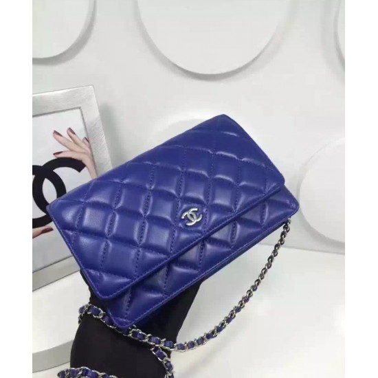 High End Blue Quilted Leather Silver CC Logo Signature Chain WOC Wallet - Replica Chanel Sewing Line Style Female Crossbody Bag