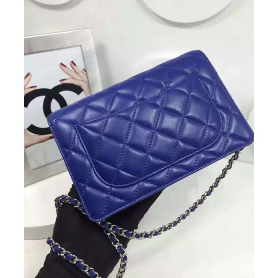 High End Blue Quilted Leather Silver CC Logo Signature Chain WOC Wallet - Replica Chanel Sewing Line Style Female Crossbody Bag