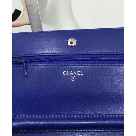 High End Blue Quilted Leather Silver CC Logo Signature Chain WOC Wallet - Replica Chanel Sewing Line Style Female Crossbody Bag