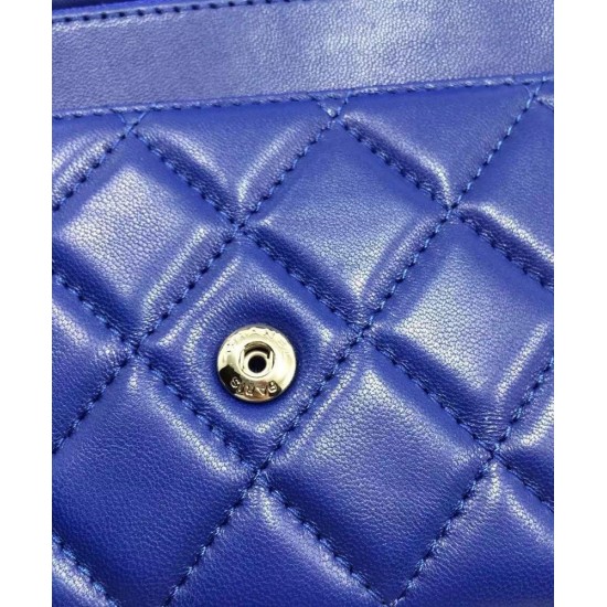 High End Blue Quilted Leather Silver CC Logo Signature Chain WOC Wallet - Replica Chanel Sewing Line Style Female Crossbody Bag