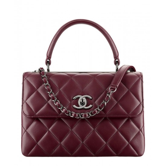 Fall Trendy Silver Interlocking C Turn Lock Classic Cannage Pattern Dark Red Leather Top Handle Bag - Fake Chanel Female Flap Chain Bag