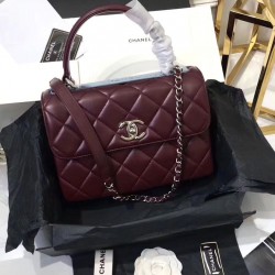 Fall Trendy Silver Interlocking C Turn Lock Classic Cannage Pattern Dark Red Leather Top Handle Bag - Fake Chanel Female Flap Chain Bag