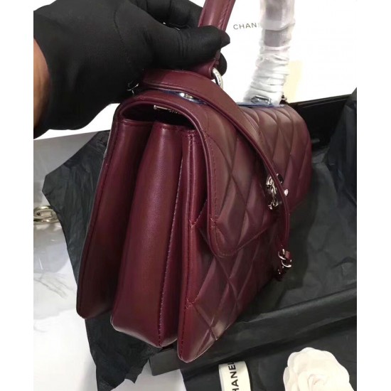 Fall Trendy Silver Interlocking C Turn Lock Classic Cannage Pattern Dark Red Leather Top Handle Bag - Fake Chanel Female Flap Chain Bag