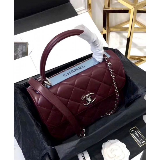 Fall Trendy Silver Interlocking C Turn Lock Classic Cannage Pattern Dark Red Leather Top Handle Bag - Fake Chanel Female Flap Chain Bag