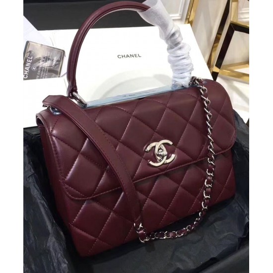 Fall Trendy Silver Interlocking C Turn Lock Classic Cannage Pattern Dark Red Leather Top Handle Bag - Fake Chanel Female Flap Chain Bag