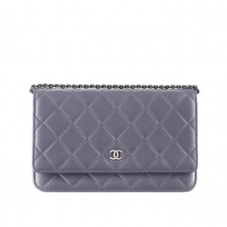 Best Price Medium WOC Diamond Pattern Silver Chain Shoulder Strap Classic Wallet - Imitation Chanel Female Grey Leather Flap Bag