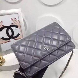 Best Price Medium WOC Diamond Pattern Silver Chain Shoulder Strap Classic Wallet - Imitation Chanel Female Grey Leather Flap Bag