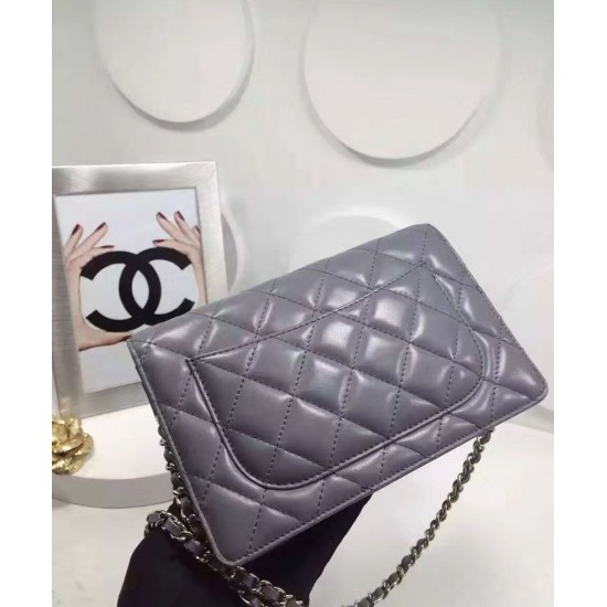 Best Price Medium WOC Diamond Pattern Silver Chain Shoulder Strap Classic Wallet - Imitation Chanel Female Grey Leather Flap Bag