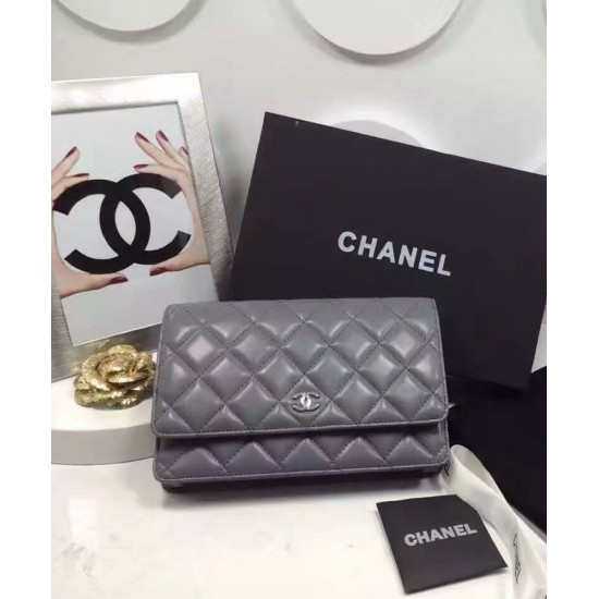 Best Price Medium WOC Diamond Pattern Silver Chain Shoulder Strap Classic Wallet - Imitation Chanel Female Grey Leather Flap Bag