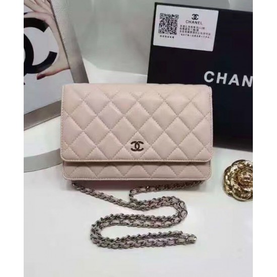 Classic Nude Pink Quilted Leather Silver CC Logo Snap Button Medium Chain Wallet - Imitated Chanel Women's Flap Crossbody Bag