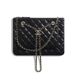 Hot Selling Chain Strap Decoration Interlocking C Detail Black Quilted Leather - Fake Chanel Zipper Clutch Bag 28CM