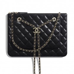 Hot Selling Chain Strap Decoration Interlocking C Detail Black Quilted Leather - Fake Chanel Zipper Clutch Bag 28CM