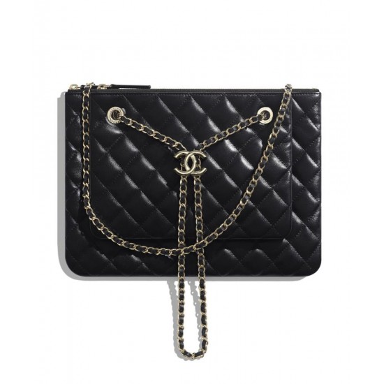 Hot Selling Chain Strap Decoration Interlocking C Detail Black Quilted Leather - Fake Chanel Zipper Clutch Bag 28CM