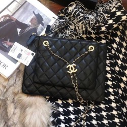 Hot Selling Chain Strap Decoration Interlocking C Detail Black Quilted Leather - Fake Chanel Zipper Clutch Bag 28CM