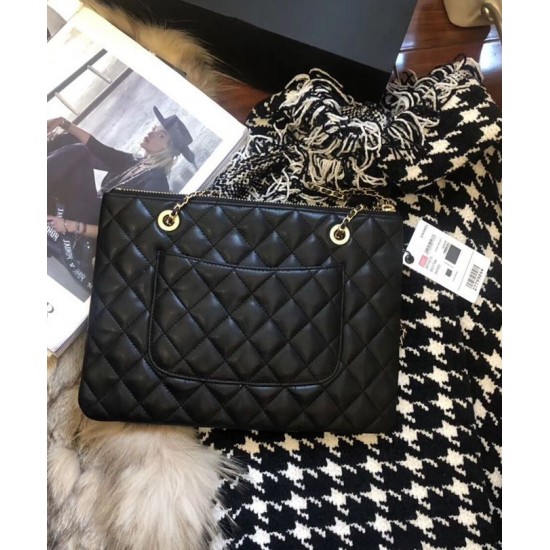 Hot Selling Chain Strap Decoration Interlocking C Detail Black Quilted Leather - Fake Chanel Zipper Clutch Bag 28CM