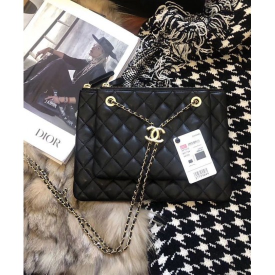 Hot Selling Chain Strap Decoration Interlocking C Detail Black Quilted Leather - Fake Chanel Zipper Clutch Bag 28CM