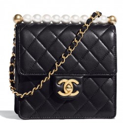 Fashion Black Quilted Leather Top White Pearl Detail CC Logo Turn Lock - Replica Chanel Chain Strap Ladies Flap Bag