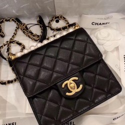 Fashion Black Quilted Leather Top White Pearl Detail CC Logo Turn Lock - Replica Chanel Chain Strap Ladies Flap Bag