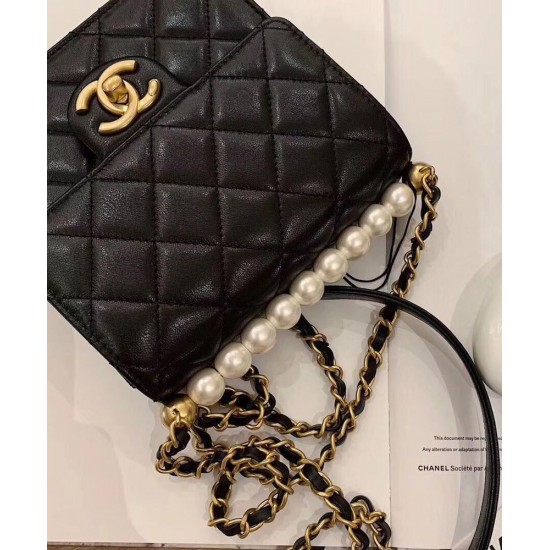 Fashion Black Quilted Leather Top White Pearl Detail CC Logo Turn Lock - Replica Chanel Chain Strap Ladies Flap Bag