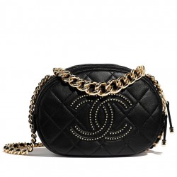 Latest Brass Studs Style CC Pattern Golden Chain Handle Shoulder Strap - Faux Chanel Black Quilted Leather Camera Case