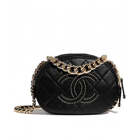 Latest Brass Studs Style CC Pattern Golden Chain Handle Shoulder Strap - Faux Chanel Black Quilted Leather Camera Case