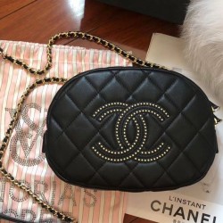 Latest Brass Studs Style CC Pattern Golden Chain Handle Shoulder Strap - Faux Chanel Black Quilted Leather Camera Case