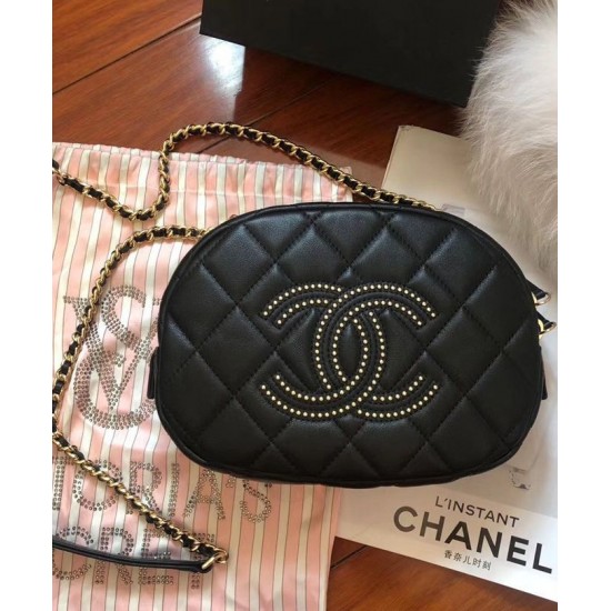 Latest Brass Studs Style CC Pattern Golden Chain Handle Shoulder Strap - Faux Chanel Black Quilted Leather Camera Case