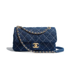 Faux Chanel White Quilted Blue Canvas Yellow Gold CC Turn Lock Chain Shoulder Strap Female Flap Bag 26CM