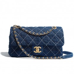 Faux Chanel White Quilted Blue Canvas Yellow Gold CC Turn Lock Chain Shoulder Strap Female Flap Bag 26CM