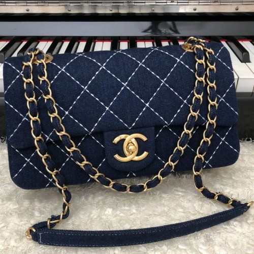 Faux Chanel White Quilted Blue Canvas Yellow Gold CC Turn Lock Chain Shoulder Strap Female Flap Bag 26CM