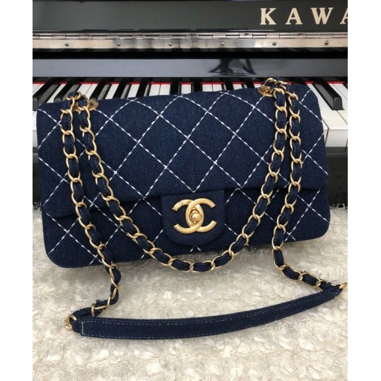 Faux Chanel White Quilted Blue Canvas Yellow Gold CC Turn Lock Chain Shoulder Strap Female Flap Bag 26CM