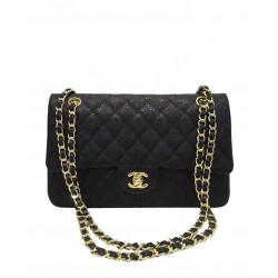 Best Chanel Double Chain Shoulder Strap Golden Interlocking C Rotatable Buckle Black Quilted Caviar Leather Jumbo Flap Bag