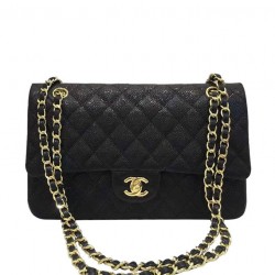 Best Chanel Double Chain Shoulder Strap Golden Interlocking C Rotatable Buckle Black Quilted Caviar Leather Jumbo Flap Bag