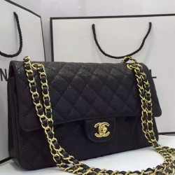 Best Chanel Double Chain Shoulder Strap Golden Interlocking C Rotatable Buckle Black Quilted Caviar Leather Jumbo Flap Bag