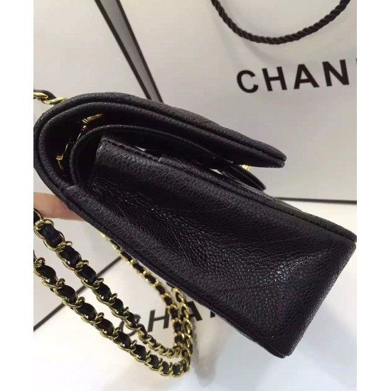 Best Chanel Double Chain Shoulder Strap Golden Interlocking C Rotatable Buckle Black Quilted Caviar Leather Jumbo Flap Bag