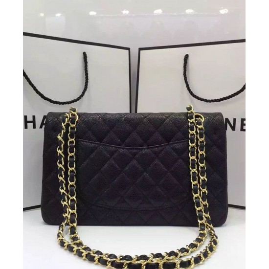 Best Chanel Double Chain Shoulder Strap Golden Interlocking C Rotatable Buckle Black Quilted Caviar Leather Jumbo Flap Bag