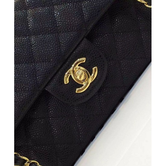 Best Chanel Double Chain Shoulder Strap Golden Interlocking C Rotatable Buckle Black Quilted Caviar Leather Jumbo Flap Bag