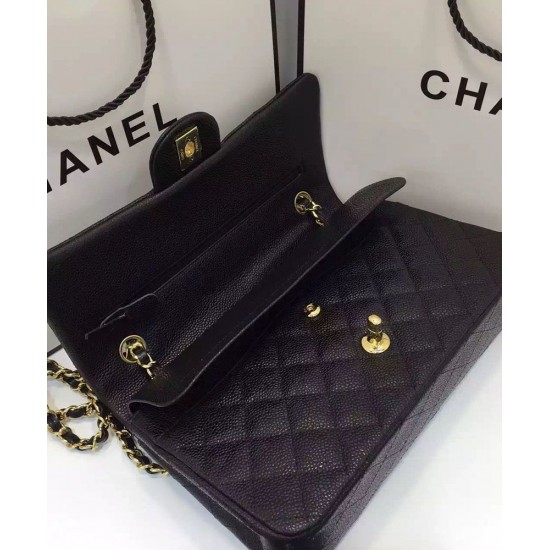 Best Chanel Double Chain Shoulder Strap Golden Interlocking C Rotatable Buckle Black Quilted Caviar Leather Jumbo Flap Bag