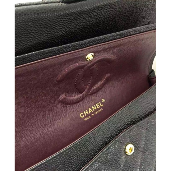 Best Chanel Double Chain Shoulder Strap Golden Interlocking C Rotatable Buckle Black Quilted Caviar Leather Jumbo Flap Bag