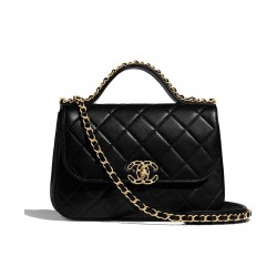 Imitation Chanel Yellow Gold Chain Motif Diamond-type Lattice Simple Top Handle Women's Black Lambskin Leather Flap Bag