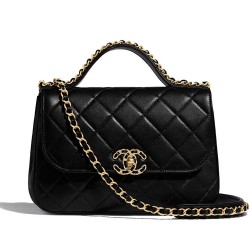 Imitation Chanel Yellow Gold Chain Motif Diamond-type Lattice Simple Top Handle Women's Black Lambskin Leather Flap Bag